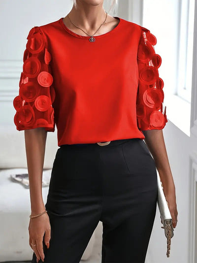 Women’s Top – Relaxed Fit – Flared Lace Sleeves – Sheer Detail – Casual Wear