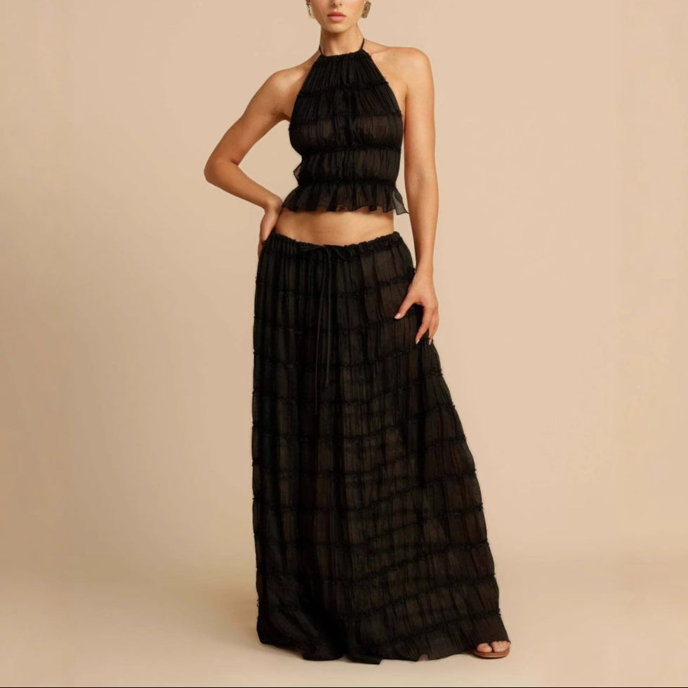Women’s Two-Piece Set – Ruched Halter Crop Top – Flowing Maxi Skirt – Breathable Blend