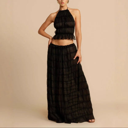 Women’s Two-Piece Set – Ruched Halter Crop Top – Flowing Maxi Skirt – Breathable Blend