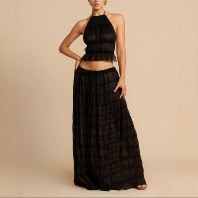 Women’s Two-Piece Set – Ruched Halter Crop Top – Flowing Maxi Skirt – Breathable Blend