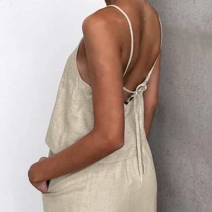 Women’s Two-Piece Set – Cotton Linen Blend – Relaxed Fit – Sleeveless Top & Wide-Leg Trousers