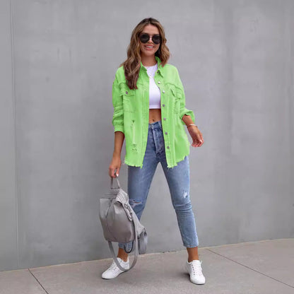 Women’s Denim Jacket – Oversized Fit – Distressed Mid Length – Casual Layering Piece