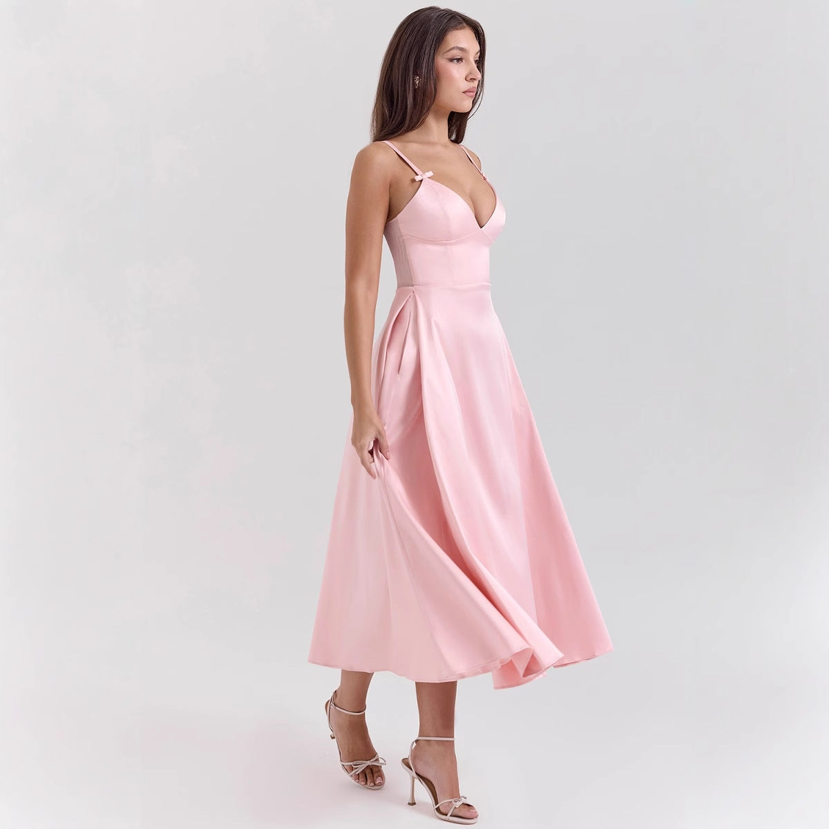 Women’s Satin Dress – V-Neck – Spaghetti Straps – Fitted Bodice – A-Line Midi Skirt