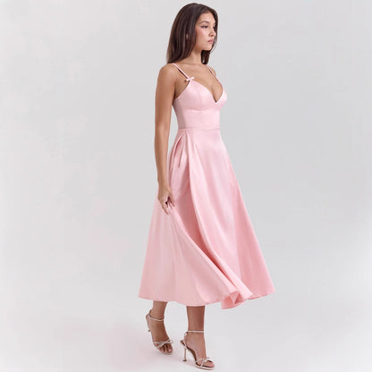 Women’s Satin Dress – V-Neck – Spaghetti Straps – Fitted Bodice – A-Line Midi Skirt