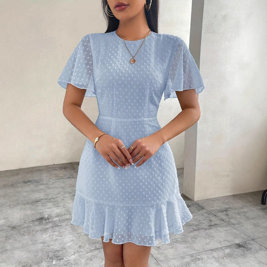 Women’s Mini Dress – Jacquard Dot – A-Line Fit – Flutter Sleeve – Ruffle Hem