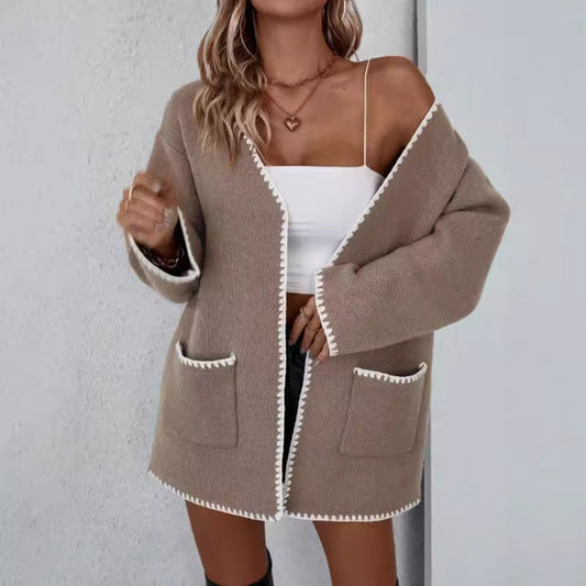 Women’s Knitted Cardigan – Oversized Fit – Open Front – Ribbed Trim – Patch Pockets