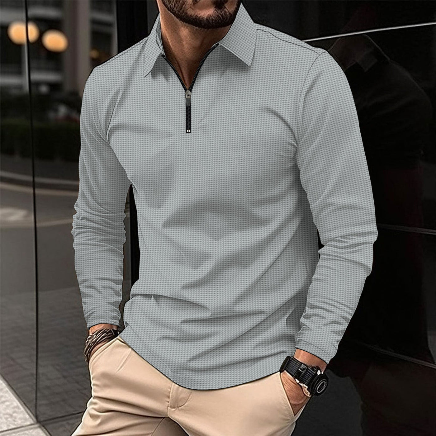 Men’s Long Sleeve Shirt – Slim Fit – Zip Collar – Stretch Fabric