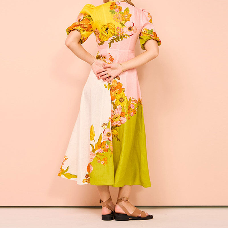 Women’s Midi Dress – Flared A-Line Fit – Puff Sleeve – Ethnic Floral Print – Cotton Blend