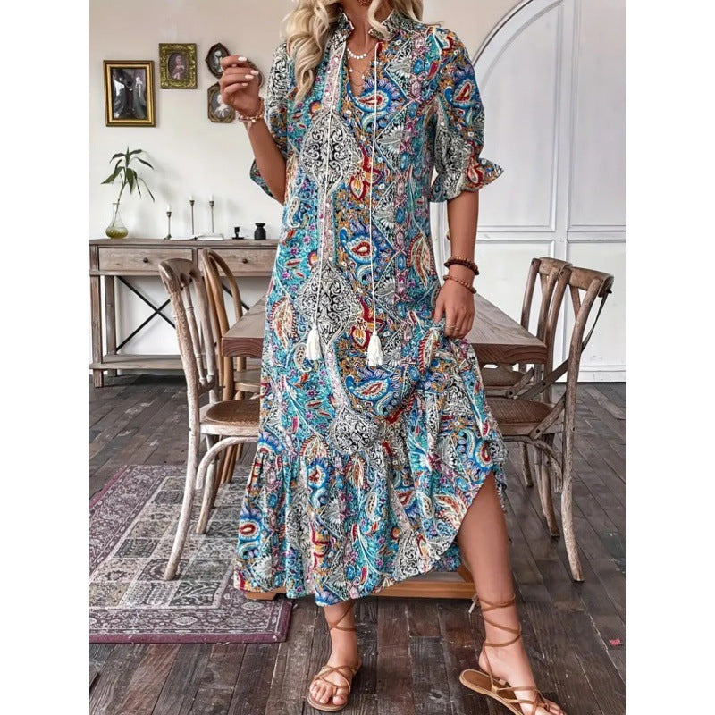Women’s Midi Dress – Relaxed Fit – Ruffle Sleeves – Boho Print – Tiered Skirt – Tie Neckline