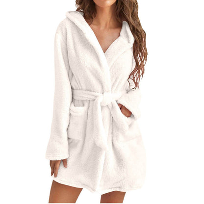 Women’s Bathrobe – Plush Fleece Feel – Relaxed Fit – Hooded Shawl Collar – Belted