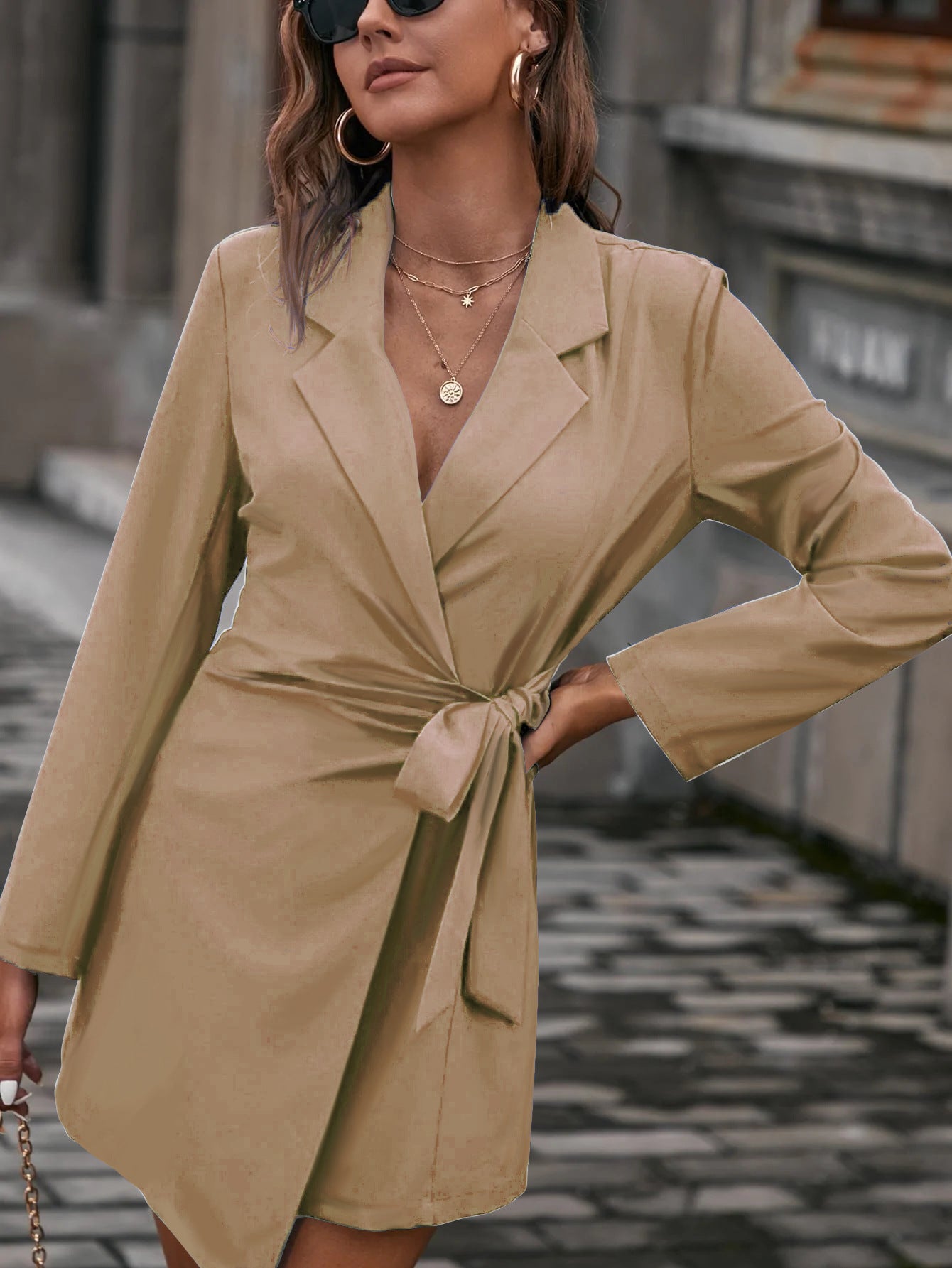 Women’s Wrap Dress – Tailored Fit – Long Sleeve – Elegant Collar – Waist Tie – Pockets
