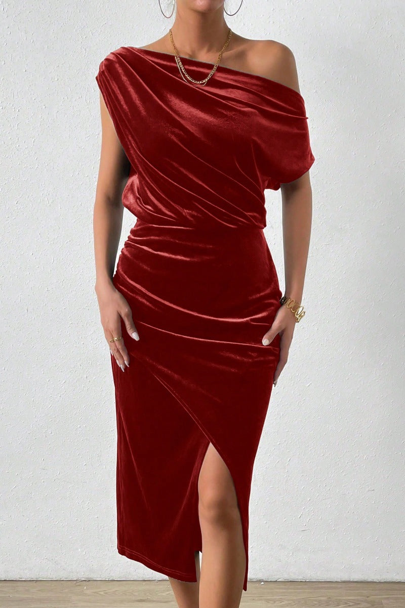 Women’s One-Shoulder Midi Dress – Velvet Ruched Fit – Front Slit Evening Wear