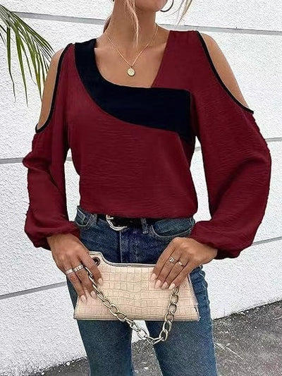 Women’s Pullover Top – Soft Knit – Relaxed Fit – Cold Shoulder – Asymmetrical Trim