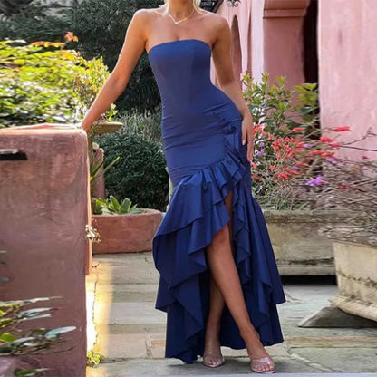 Women’s Strapless Dress – Slim Fit – Satin Feel – Asymmetrical Ruffle Hem – Formal Wear