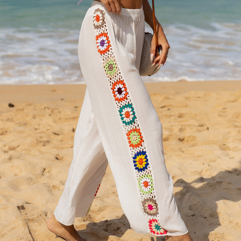 Women’s Flared Trousers – Relaxed Fit – Side Crochet Detail – Cotton