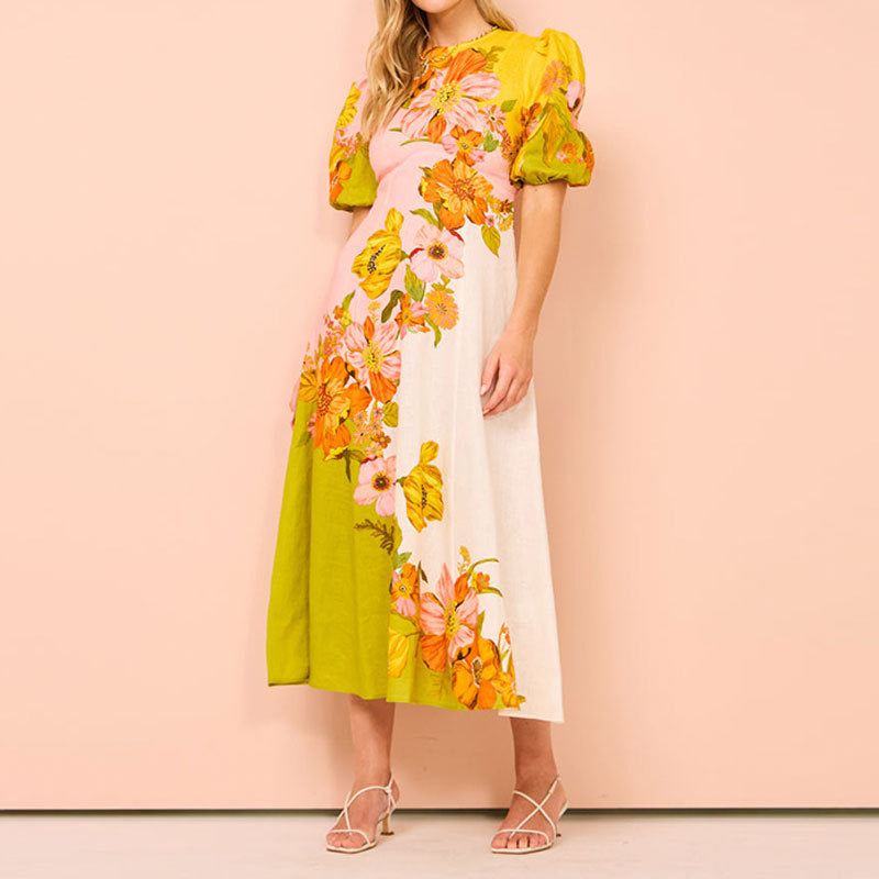 Women’s Midi Dress – Flared A-Line Fit – Puff Sleeve – Ethnic Floral Print – Cotton Blend