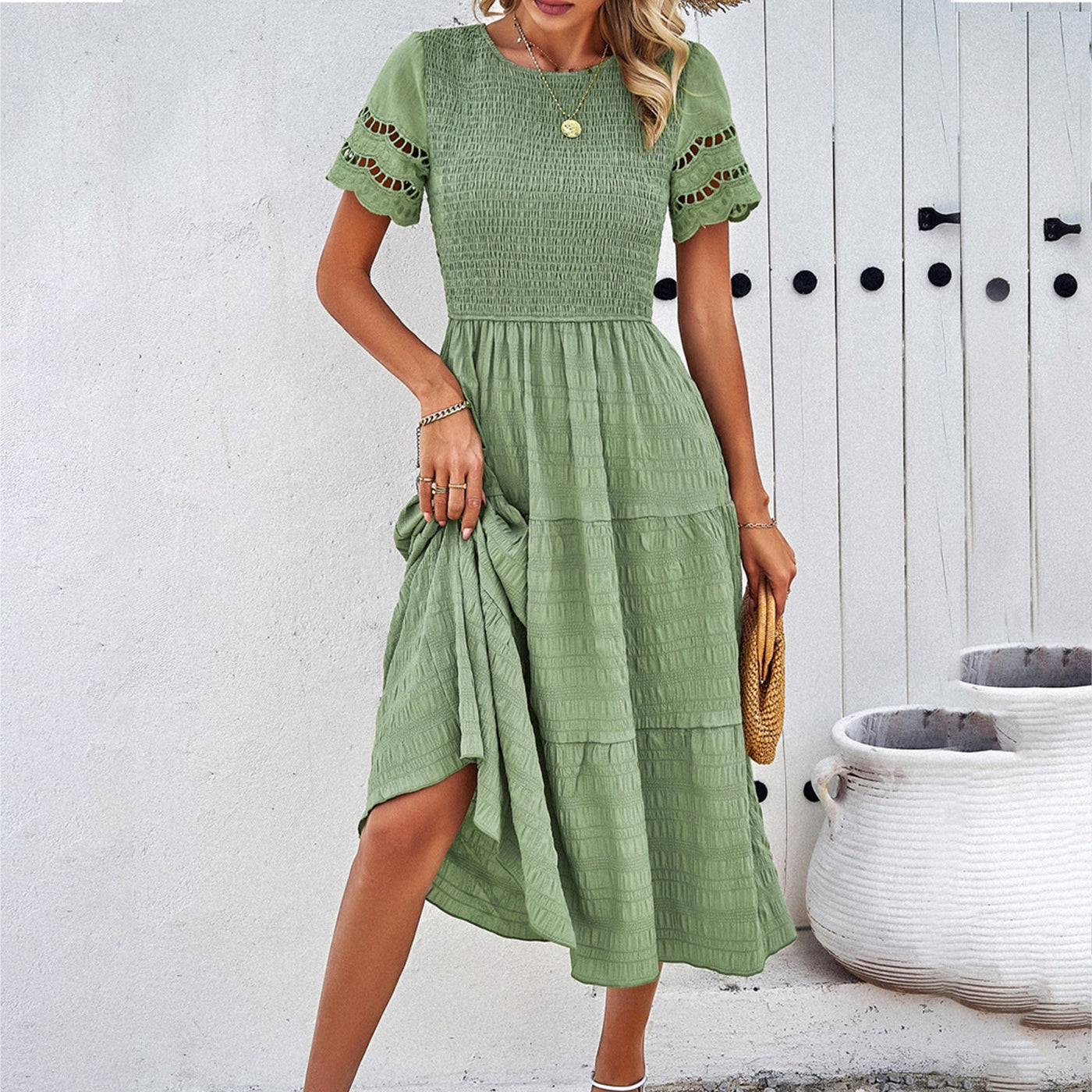 Women’s Midi Dress – Smocked Bodice – Tiered Skirt – Cut-Out Sleeves – Cotton Blend
