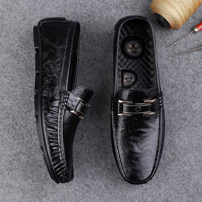 Men’s Leather Loafers – Slip-On Fit – Decorative Strap – Soft Sole – Versatile Style