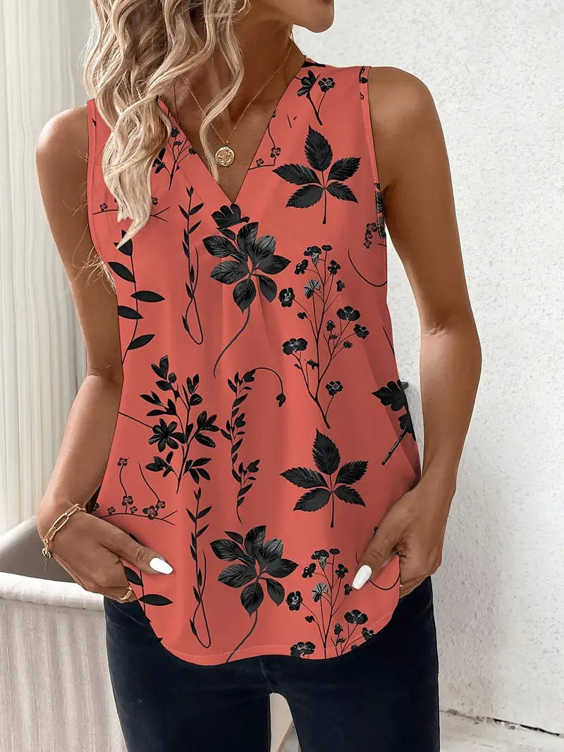 Women’s Sleeveless Top – V-Neck – Relaxed Fit – Abstract Print – Lightweight Fabric