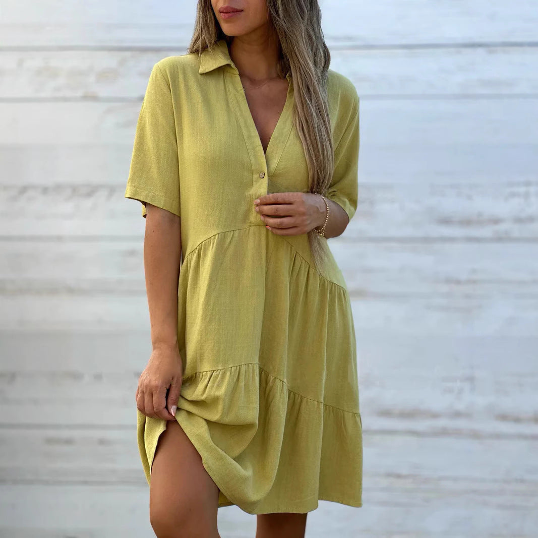 Women’s Swing Dress – Button-Up Front – Natural Fibers – V-Neck – Short Sleeve