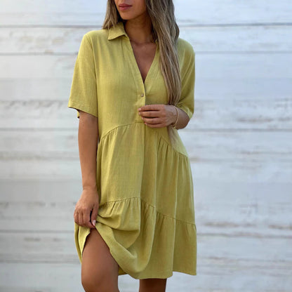 Women’s Swing Dress – Button-Up Front – Natural Fibers – V-Neck – Short Sleeve