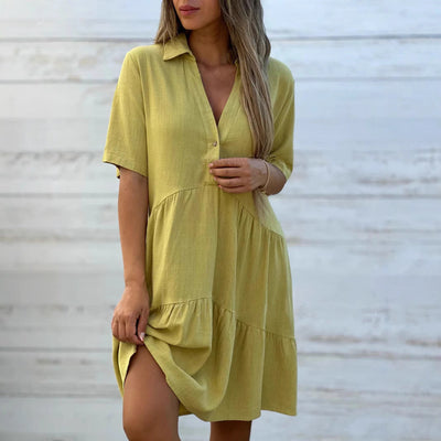 Women’s Swing Dress – Button-Up Front – Natural Fibers – V-Neck – Short Sleeve