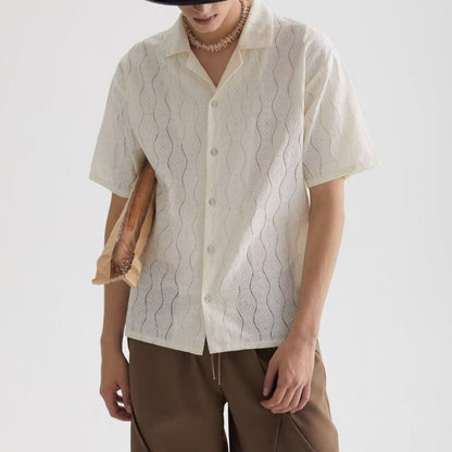 Men’s Short Sleeve Shirt – Cotton Blend – Oversized Fit – Cuban Collar – Lace Detail