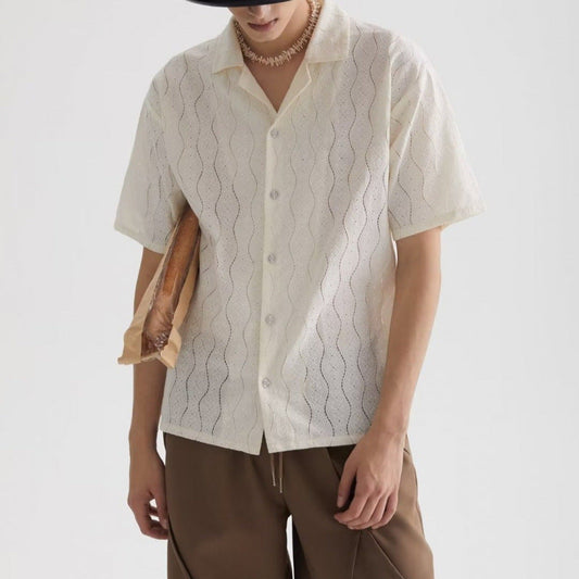 Men’s Short Sleeve Shirt – Cotton Blend – Oversized Fit – Cuban Collar – Lace Detail