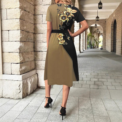Women’s Wrap Dress – Floral Butterfly Print – Belted Waist – Breathable A-Line Fit