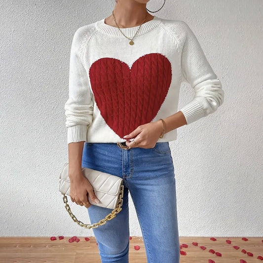 Women’s Pullover Sweater – Knitted – Relaxed Fit – Heart Motif – Crew Neck Casual Wear