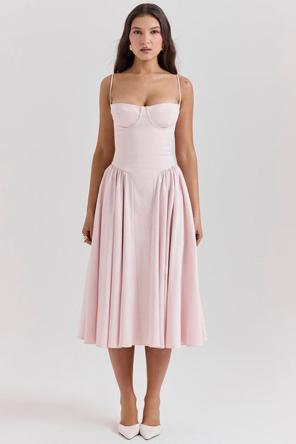 Women’s Midi Dress – Fitted Bodice – Spaghetti Straps – Pleated A-Line Skirt