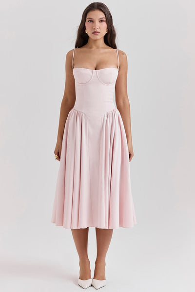 Women’s Midi Dress – Fitted Bodice – Spaghetti Straps – Pleated A-Line Skirt