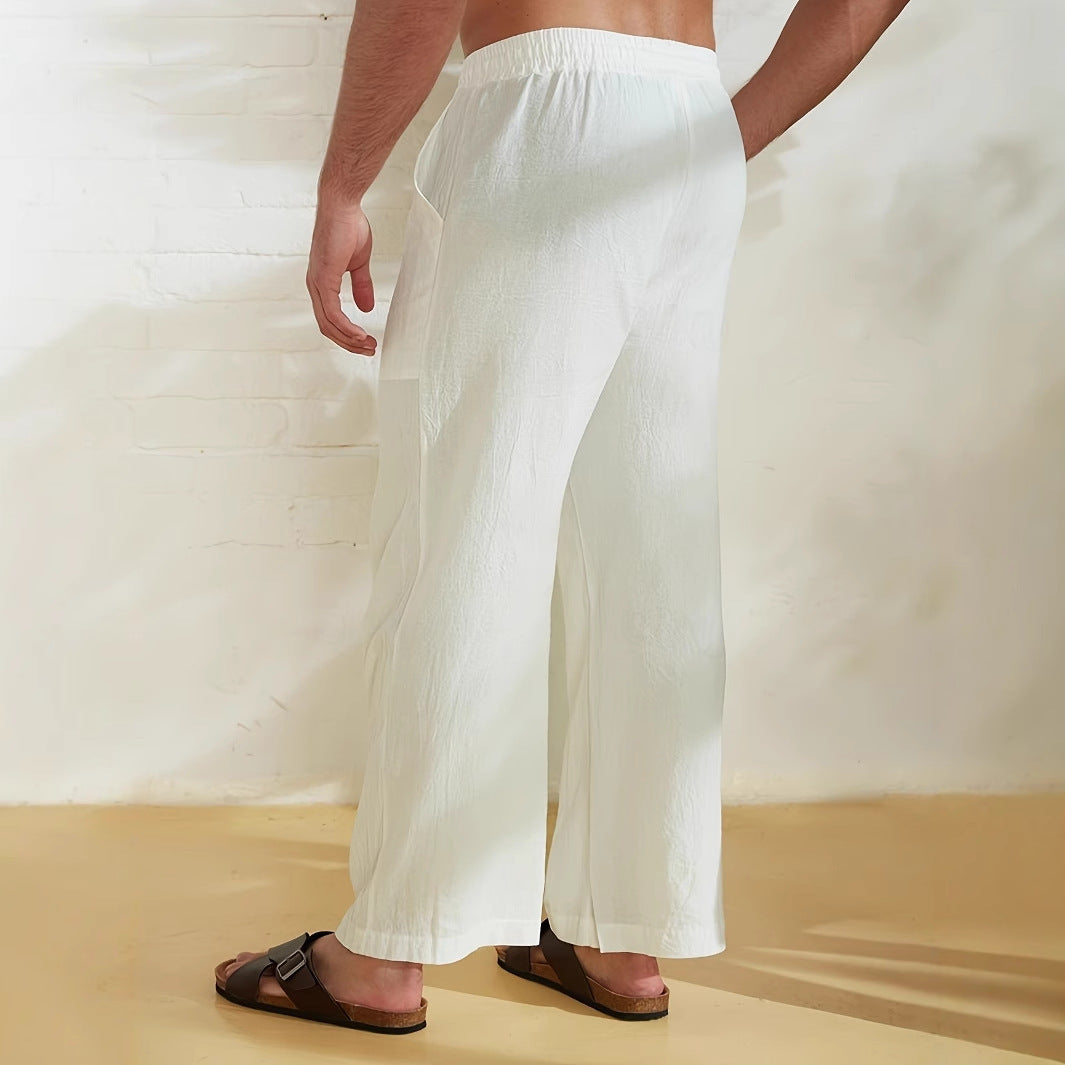 Men’s Wide-Leg Trousers – Relaxed Fit – Lightweight Crinkle Fabric – Drawstring Waist – Palm Tree Print