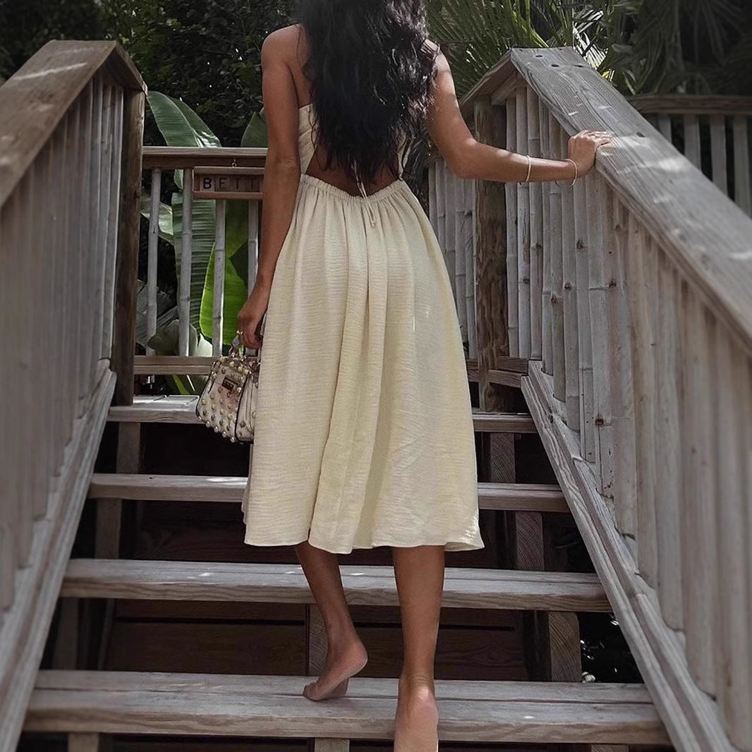Women’s Midi Dress – Lightweight Cotton Blend – V-Neck – Cut-Out – High Slit – Relaxed Fit