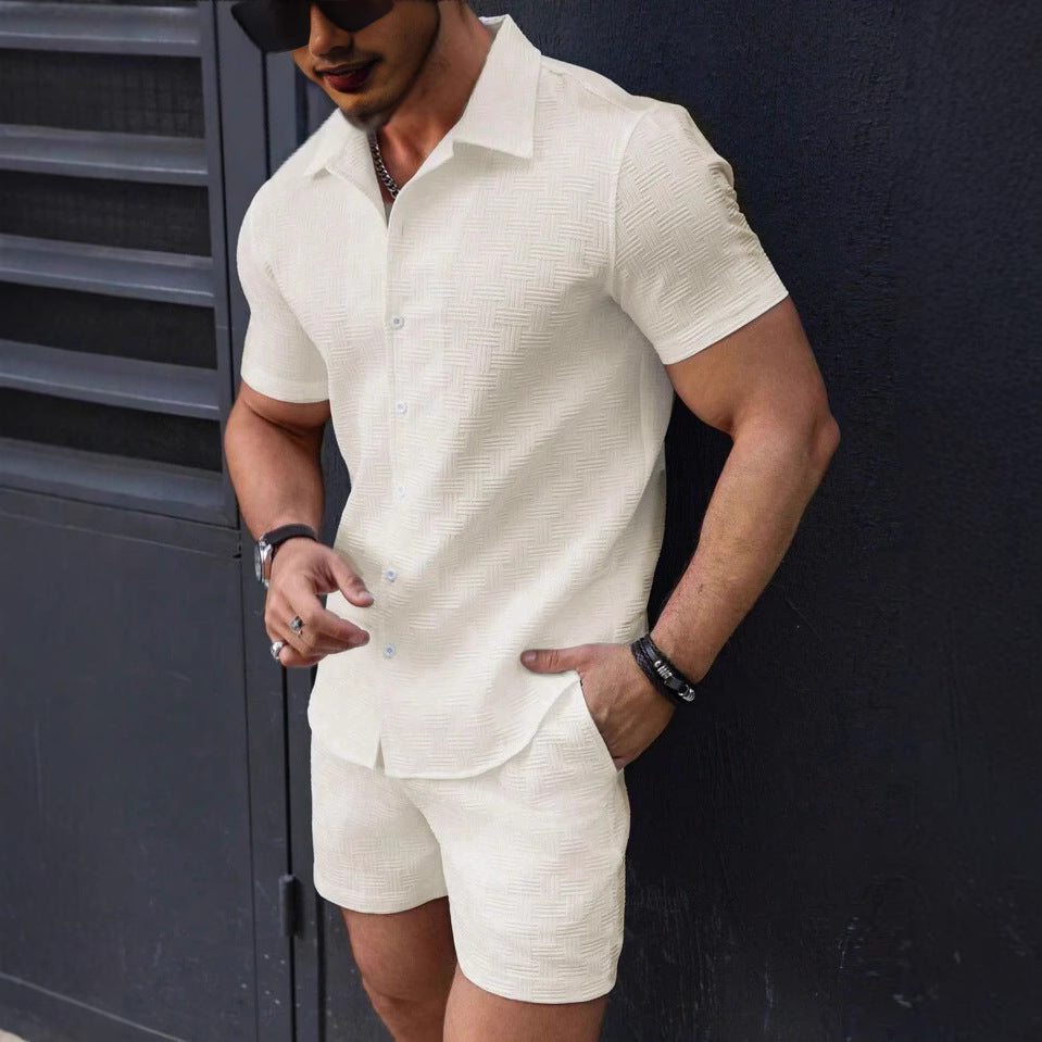 Men’s Co-ord Set – Slim Fit Button-Down Shirt & Mid-Thigh Shorts – Breathable Woven