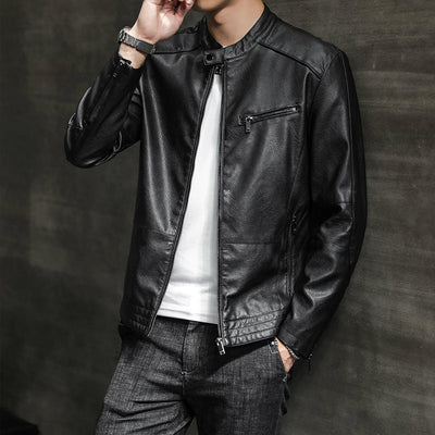 Men’s Biker Jacket – Slim Fit Leather – Stand Collar – Zippered Cuffs and Pockets