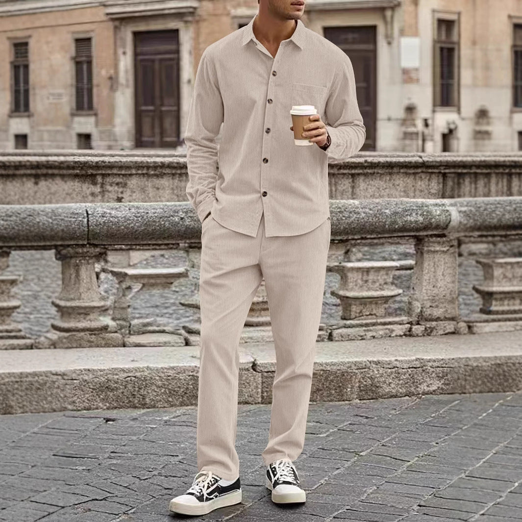 Men’s Shirt and Trousers Set – Corduroy – Relaxed Fit – Button-Up Casual Outfit