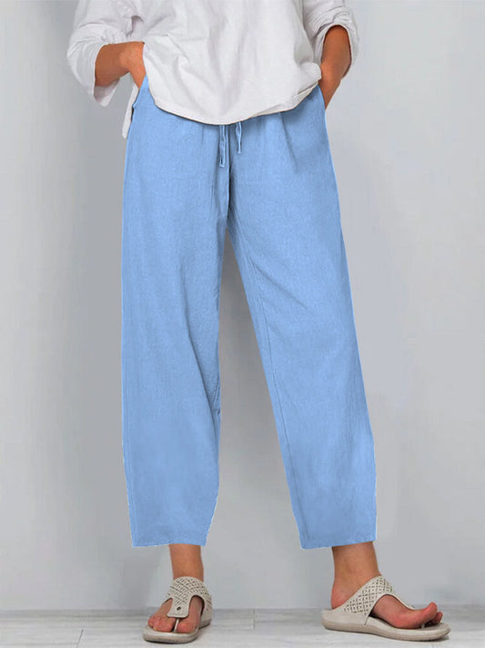 Women’s Wide-Leg Trousers – Relaxed Fit – Cotton Linen – Drawstring Waist – Full Length