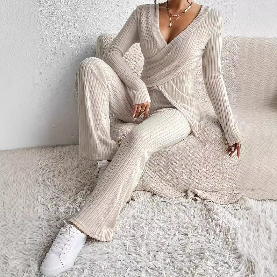 Women’s Knit Lounge Set – Wrap Long Sleeve Top – Straight-Leg Elastic Waist Pants