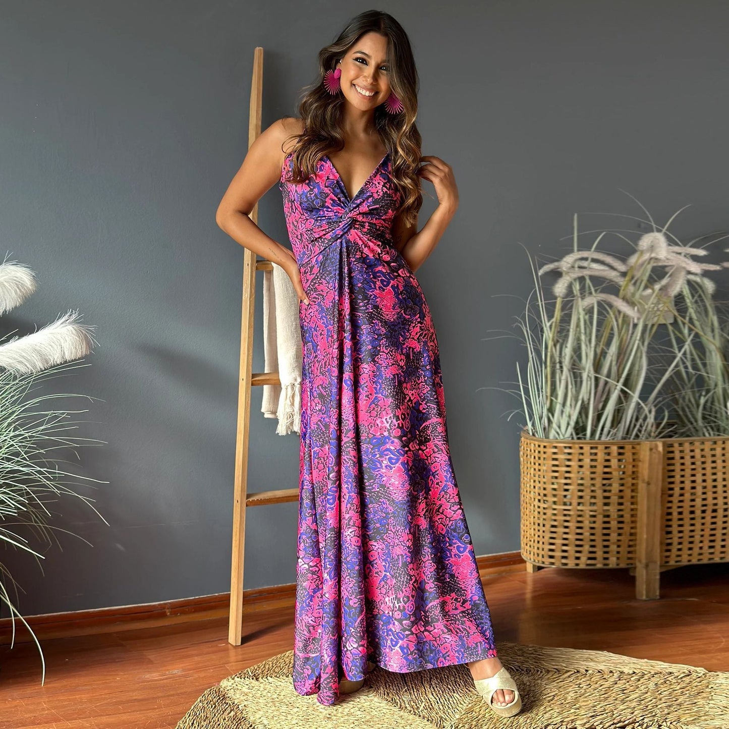 Women’s Maxi Dress – A-Line Fit – Sleeveless Twist Front – Printed Pattern