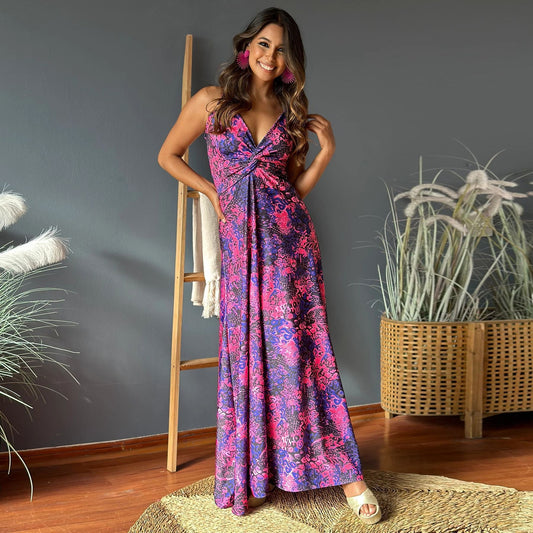 Women’s Maxi Dress – A-Line Fit – Sleeveless Twist Front – Printed Pattern