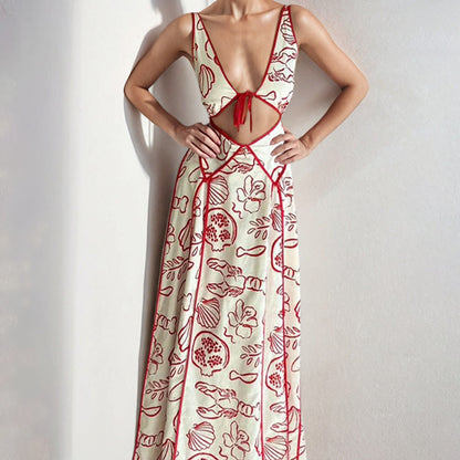 Women’s Maxi Dress – Lightweight Cotton Feel – V-Neck Cut-Out – Abstract Print – Spaghetti Straps