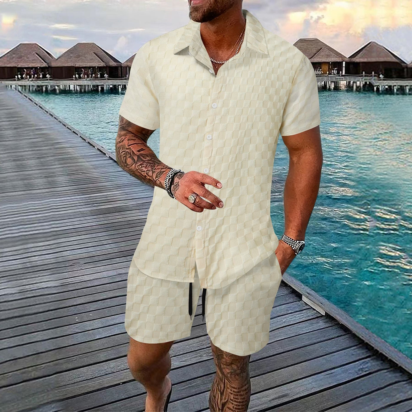 Men’s Two-Piece Set – Jacquard Shirt and Shorts – Relaxed Fit – Short Sleeve Lapel