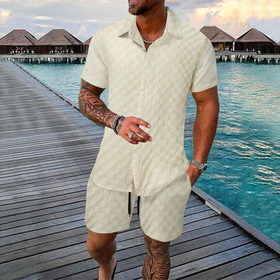 Men’s Two-Piece Set – Jacquard Shirt and Shorts – Relaxed Fit – Short Sleeve Lapel