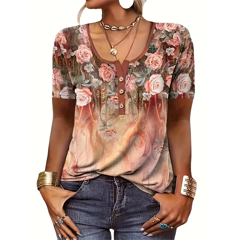 Women’s T-Shirt – Relaxed Fit – Scoop Neck with Buttons – Floral Heart Print