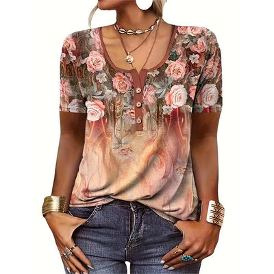 Women’s T-Shirt – Relaxed Fit – Scoop Neck with Buttons – Floral Heart Print