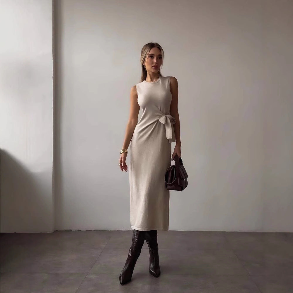 Women’s Midi Dress – Slim Fit – Sleeveless – Bow Waist – Side Slit – Stretch Fabric
