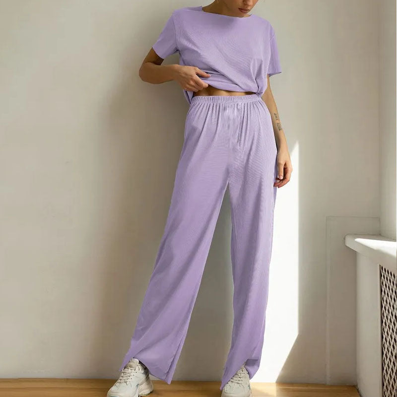 Women’s Lounge Set – Cropped Short Sleeve Top – Wide-Leg Trousers – Soft Breathable Fabric