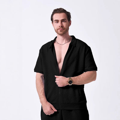 Men’s Short Sleeve Shirt – Relaxed Fit – Zip Front – Textured Cotton Blend – Geometric Pattern