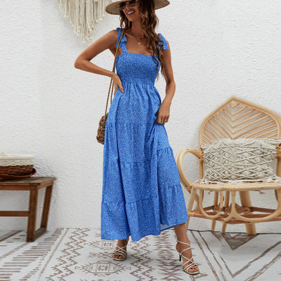 Women’s Maxi Dress – Smocked Bodice – Tie Straps – Tiered Skirt – Cotton Feel